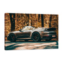 Porsche en carretera frente al bosque